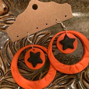 Orange and Black Star Dangle Earrings. October/Fall. Lightweight polymer clay.